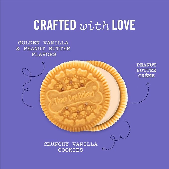 Three Dog Bakery Lick'n Crunch! Golden & Peanut Butter Dog Sandwich Cookies - Crunchy Vanilla & Creamy Peanut Butter Flavored Dog Treats, Cookies for Dogs, Dog Birthday Cookies, Dog Training Treats