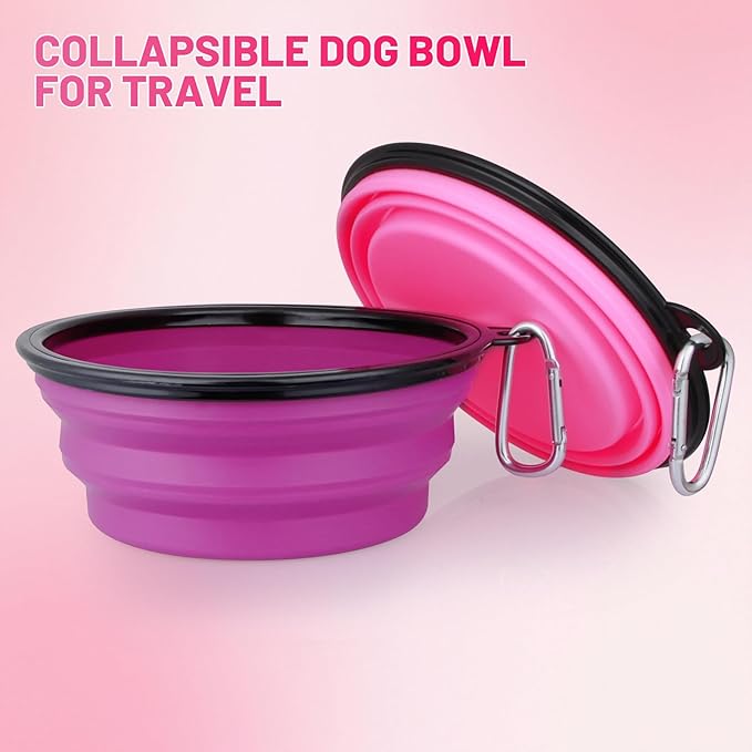 Dog Bowl Large Pet Collapsible Bowls, 2 Pack Collapsible Dog Water Bowls for Cats Dogs, Portable Pet Feeding Watering Dish for Walking Parking Traveling with 2 Carabiners (Large, Pink+Purple)