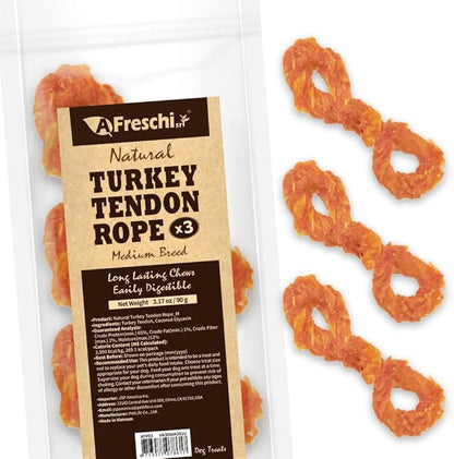 A Freschi srl Turkey Tendons for Dogs, USA-Sourced, Healthy Dog Treats, Rawhide-Free Puppy Chews, Long Lasting, All Natural, Hypoallergenic Dog Treats for Medium Breeds, 3 Count Pack Rope (M)