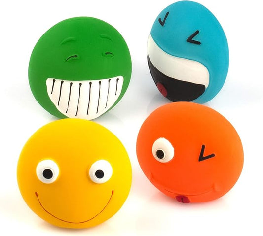 CHIWAVA 4 Pack 3.2'' Latex Squeaky Dog Toy Smiley Face Balls Interactive Fetch Play for Small Dogs