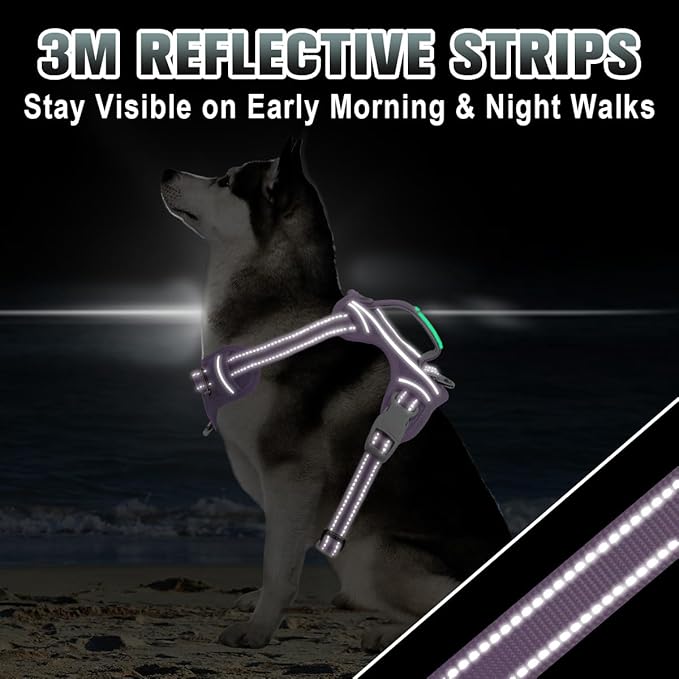 BARKBAY No Pull Dog Harness Large Reflective Dog Harness with Front Clip and Easy Control Handle for Walking Training Running with ID tag Pocket(Violet Purple,XL)