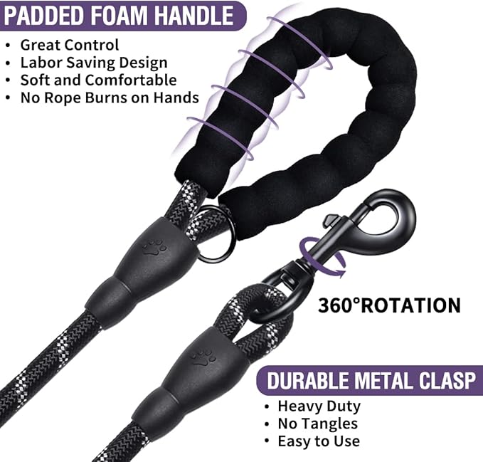 COOYOO 2 Pack Dog Leash 4 FT Heavy Duty - Comfortable Padded Handle - Reflective Dog Leash for Medium Large Dogs with Collapsible Pet Bowl Set 3-Black+Purple
