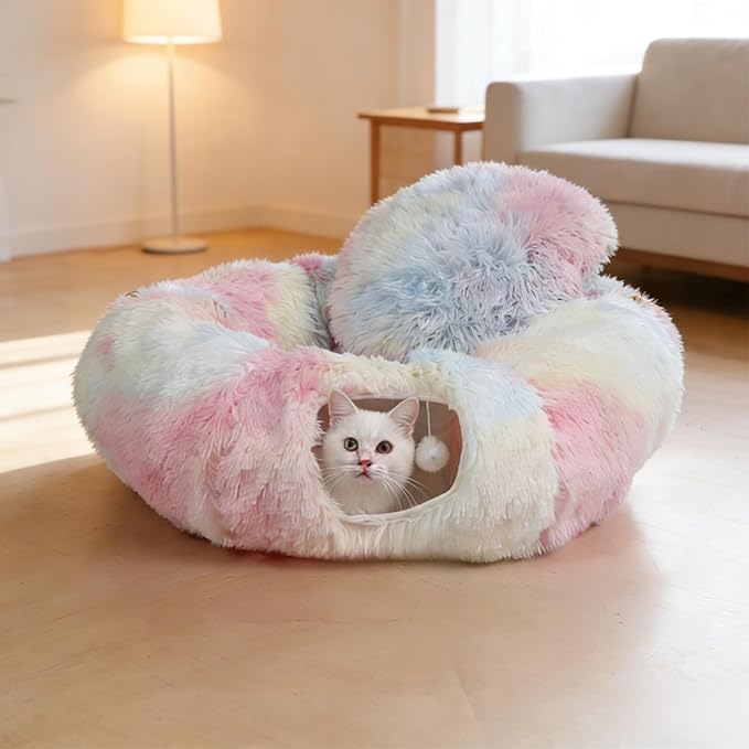 Cat Tunnel with Cat Bed for Indoor Cats, Under Christmas Tree Soft Plush Peekaboo Cat Cave Donut Tunnel, Multifunctional Playground Toys Hideplace for Kittens, Rabbit, Ferret