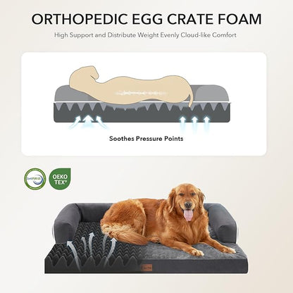 Casa Paw Orthopedic Dog Beds for Large Sized Dogs, Waterproof Egg Crate Foam Medium Dog Couch Beds for Crate 35x22Inch, Washable Pet Beds with Removable Cover and Nonskid Bottom, Dark Grey
