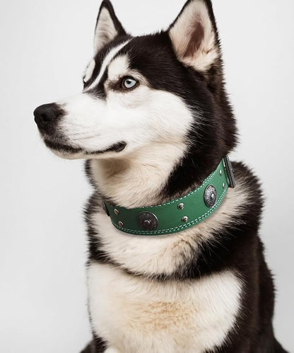 Leather Dog Collar, 2 inches Wide Heavy Duty Genuine Leather Collars, Handmade, Soft, and Luxury, Eye-catching Best Choice for Large and Medium Breed Dogs, Green,15-19 ins