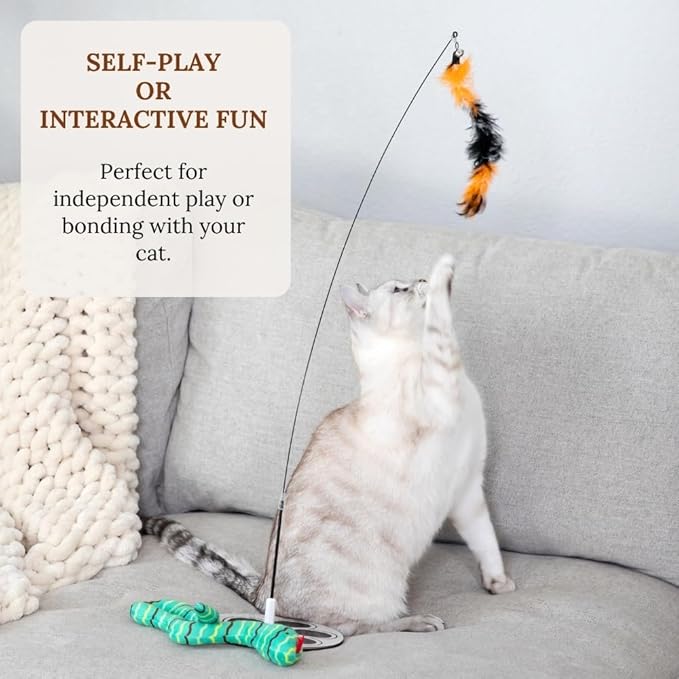 GADGETSOLOGY Cat Wand Toy with Round Base – Interactive Feather & Glow-in-The-Dark Octopus Attachments – Suction Cup Cat Toy for Indoor Cats & Kittens
