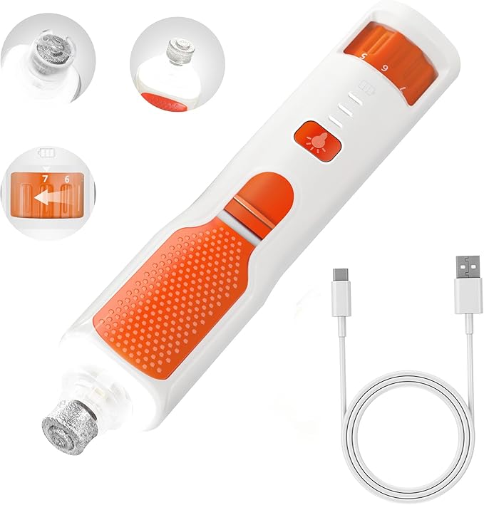 7-Speed Dog & Cat Nail Grinder with Light - Ring LED Safe to Avoid Overcut, Quiet Low Vibration & Powerful Fast, Cordless Rechargeable Toenail Trimmer for Small & Large Puppy & Breeds Paws(White)