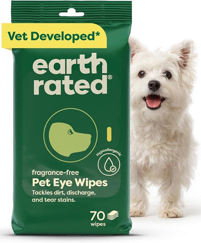 Earth Rated Vet-Developed Pet Eye Wipes, Hypoallergenic Cleaner for Dogs & Cats Eyes to Remove Dirt & Discharge, Fragrance Free, 70 Count