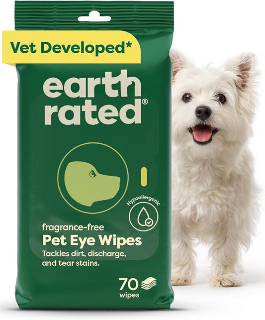 Earth Rated Vet-Developed Pet Eye Wipes, Hypoallergenic Cleaner for Dogs & Cats Eyes to Remove Dirt & Discharge, Fragrance Free, 70 Count
