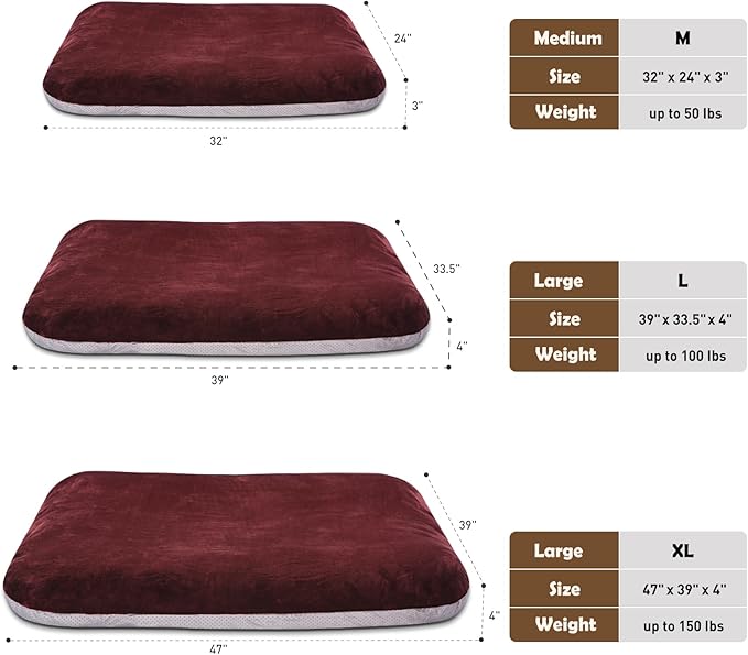 Magic Dog Super Soft Large Dog Bed, 39 Inches Orthopedic Foam Pet Beds with Anti Slip Bottom, Dog Sleeping Mattress with Removable and Washable Cover, Burgundy L,39'' X 33.5'' X 3.7''
