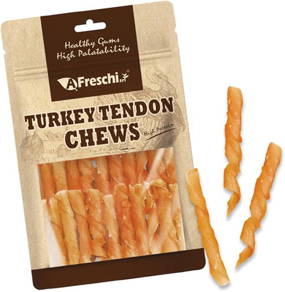 A Freschi srl Turkey Tendons for Dogs, USA-Sourced, Healthy Dog Treats, Rawhide-Free Puppy Chews, Long Lasting, All Natural, Hypoallergenic Dog Treats, Coil (S), 3 oz Pack
