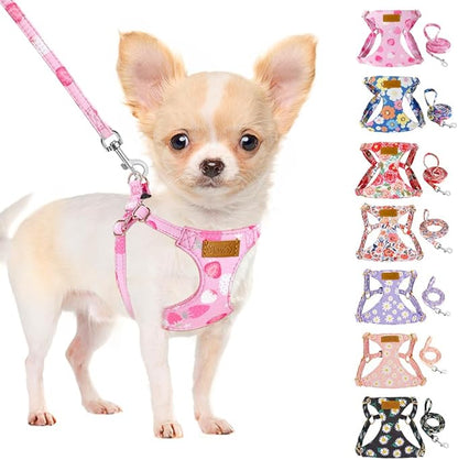 SlowTon No Pull Dog Harness with Leash - Soft Lightweight Floral Pattern Puppy Harness, Adjustable Pet Harness for Small Medium Dogs (Pink Strawberry, XS)