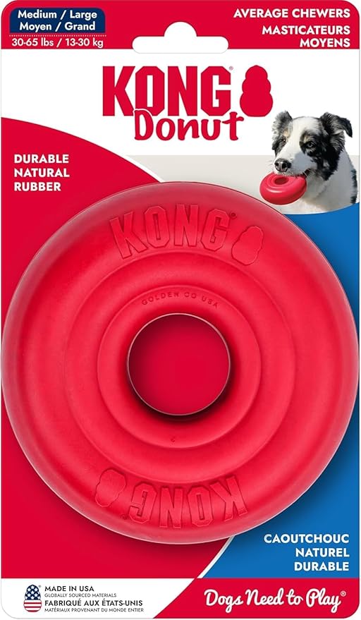 KONG Donut Dog Toy – Durable Natural Rubber Chew & Fetch Toy – Promotes Healthy Teeth & Gums, Fun Bounce & Roll, Gentle on Mouth (Medium/Large)