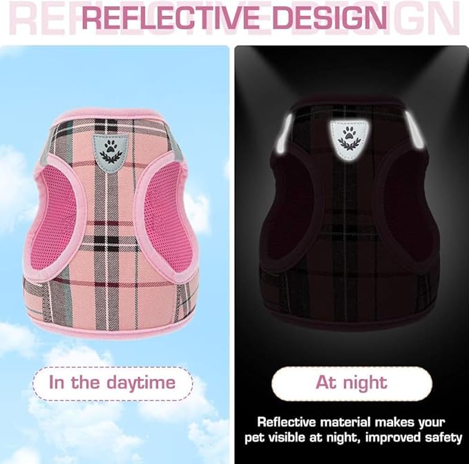 KOOLTAIL Small Dog Harness and Lead Set, Soft Mesh Plaid Puppy Harness with Safety Buckle, Adjustable & Comfortable Padded Reflective Vest for Puppies and Small Breeds Dogs Walking,Pink,X-Small
