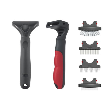 KONG 4-in-1 Interchangeable Dog Grooming Tool – Rake, Slicker, Comb & Pin Brush Heads, Versatile All-in-One Design, Non-Slip Handle, for All Coat Types, Red/Gray