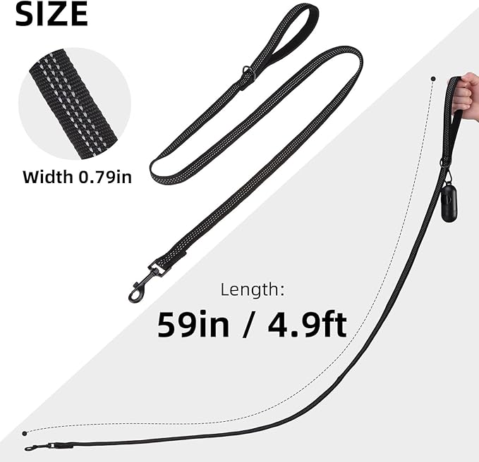 PUPTECK Reflective Dog Leash with Comfortable Padded Handle Durable Nylon Dog Lead for Small Medium and Large Dogs Cats Walking Running Training Outside, Black, M