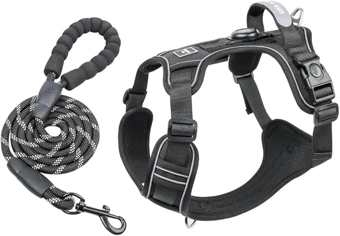 Airtag Dog Harness Chest Plate Reflective No Pull Harness with Leash for Extra Large Dogs (Black, XL)