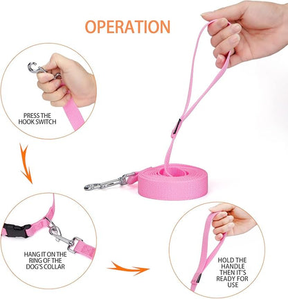 Siumouhoi 10 ft Strong Durable Nylon Dog Training Leash, Traction Rope, 1 Inch Wide, for Small and Medium Dog (Pink, 10 Feet)
