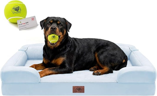 Orthopedic Dog Bed for Extra Large Dogs, XXL Waterproof Egg Crate Memory Foam Pet Bed Bolsters with Removable Washable Cover & Non-Slip Bottom, Tennis Ball Toy, 45x35