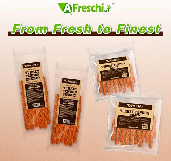 A Freschi srl Turkey Tendons for Dogs, USA-Sourced, Healthy Dog Treats, Rawhide-Free Puppy Chews, Long Lasting, All Natural, Hypoallergenic Dog Treats for Medium Breeds, 8 oz Pack Braid (M)