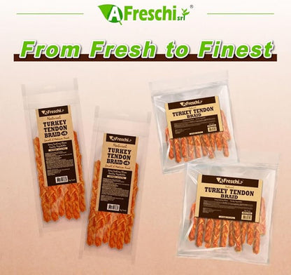 A Freschi srl Turkey Tendons for Dogs, USA-Sourced, Healthy Dog Treats, Rawhide-Free Puppy Chews, Long Lasting, All Natural, Hypoallergenic Dog Treats for Medium Breeds, 8 oz Pack Braid (M)