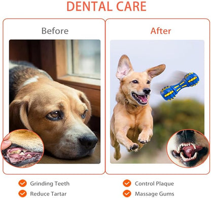 AUSCAT Teething Dog Toys, Durable Squeaky Dog Toys, Rubber Chew Toys for Dogs, Dumbbell Shape, Blue and Black