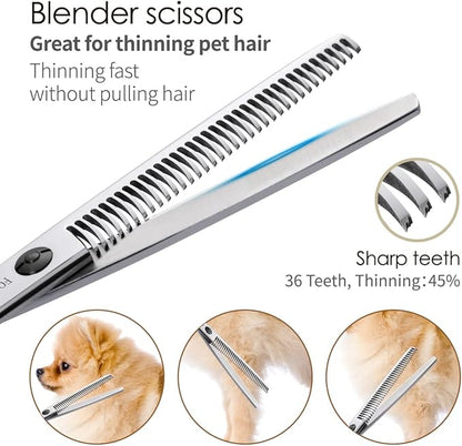 FOGOSP Professional 7.5" Dog Grooming Scissors Kit 4pcs, JP 440C Stainless Steel Curved Blender Straight Chunker Shears for Dog Cat and Pets (7.5 in Kit, Black)
