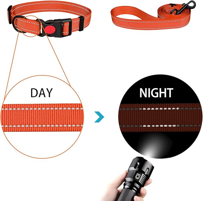 Reflective Dog Collar and Leash Set with Safety Locking Buckle Nylon Pet Collars Adjustable for Small Medium Large Dogs 3 Sizes(Orange&S)