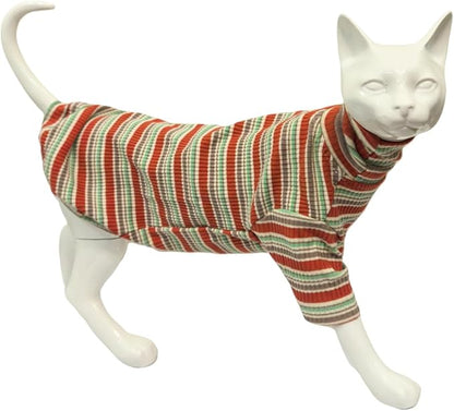 Turtle Neck Vintage Stripes Sphynx Hairless Cat Cotton T-Shirts Pet Clothes Vest Kitten Shirts Sleeveless, Cats & Small Dogs Apparel (Autumn, L (7-8.8 lbs))