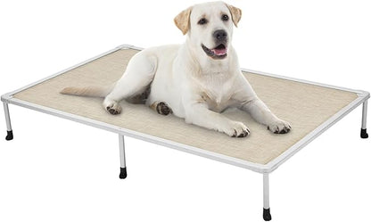 Veehoo Chewproof Elevated Dog Bed - Cooling Raised Pet Cot, Breathable Mesh, Washable & Non-Slip for large Dogs, Indoor/Outdoor, Beige Coffee Mat and Silver Metal Frame, 59x37inches (Model CWC2203B03)