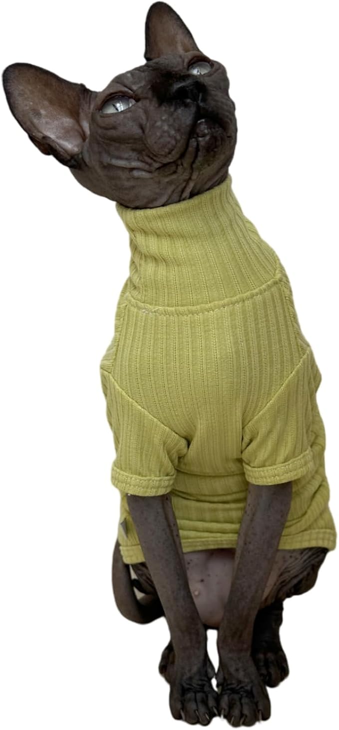 Sphynx Cats Shirt Cat Turtleneck Cotton Sweater Pullover Kitten T-Shirts with Sleeves Cat Pajamas Jumpsuit for Sphynx Cornish Rex, Devon Rex, Peterbald (Small, Green Yellow)