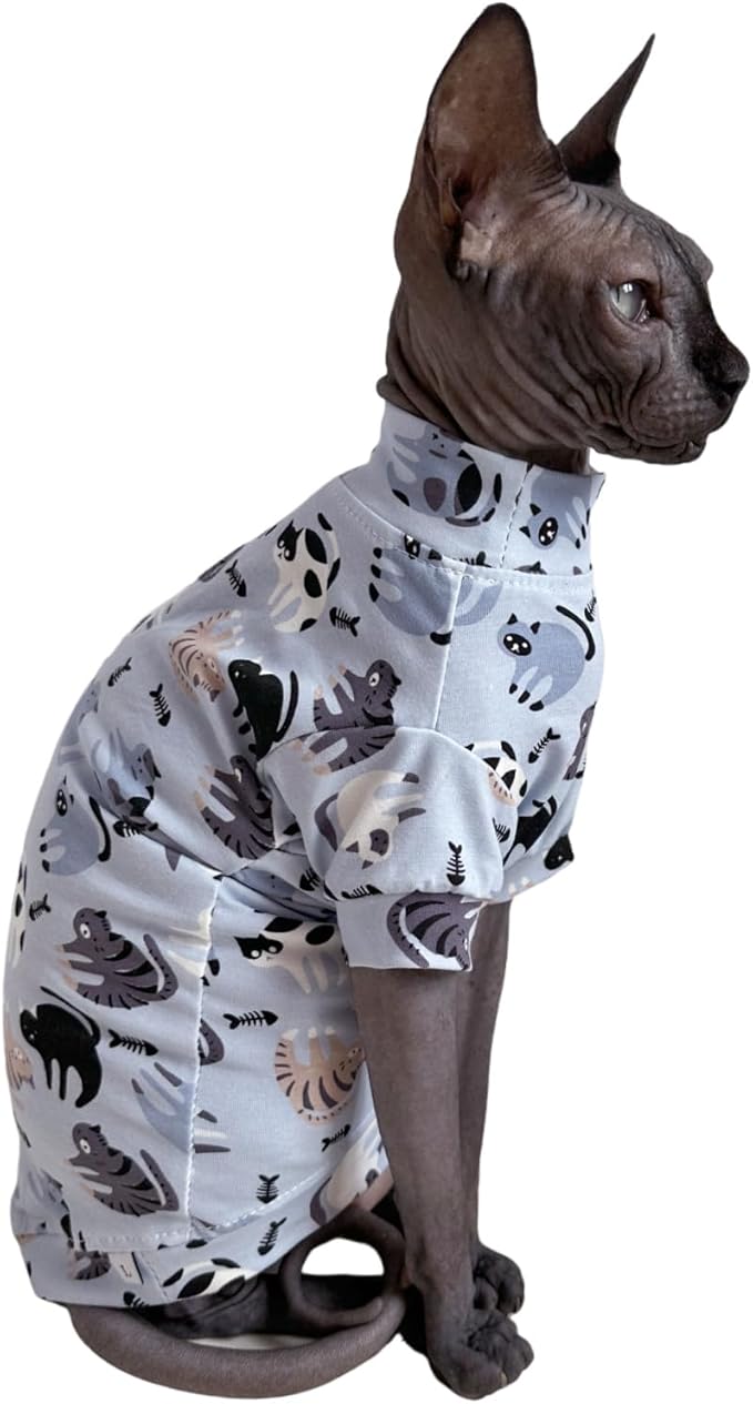 Limited Edition Sphynx Cat Cotton T-Shirts Hairless Cat Sweatshirt Pet Kitten Clothes Round Collar Kitten Shirts Vest Cats & Small Dogs Apparel (Cat Fishbone, S (3.3-4.4 lbs))