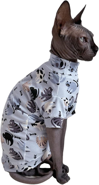 Limited Edition Sphynx Cat Cotton T-Shirts Hairless Cat Sweatshirt Pet Kitten Clothes Round Collar Kitten Shirts Vest Cats & Small Dogs Apparel (Cat Fishbone, S (3.3-4.4 lbs))