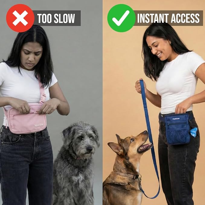 PupSensei Dog Treat Pouch for Training – Magnetic Dog Treat Bag with Belt Clip & Poop Bag Dispenser – Hands Free Carry Pouch with Auto-Close Access & Shoulder Strap – Durable Pet Gear – Navy Blue