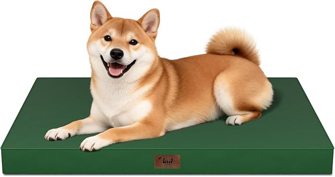 Tail Stories Outdoor Dog Bed for Medium Dogs, Waterproof Dog Crate Mat Orthopedic Egg Crate Foam Pet Bed with Washable Removable Oxford Cover, Dark Green