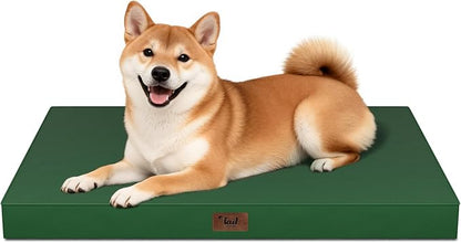 Tail Stories Outdoor Dog Bed for Medium Dogs, Waterproof Dog Crate Mat Orthopedic Egg Crate Foam Pet Bed with Washable Removable Oxford Cover, Dark Green