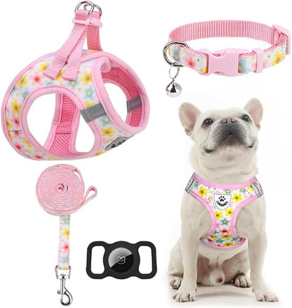 EXPAWLORER Small Dog Harness and Leash Set - Cute Puppy Harness Leash Dog Collar with AirTag Holder Silicone Case, Soft Padded Step in Pet Vest Reflective for Outdoor Walking, Floral M