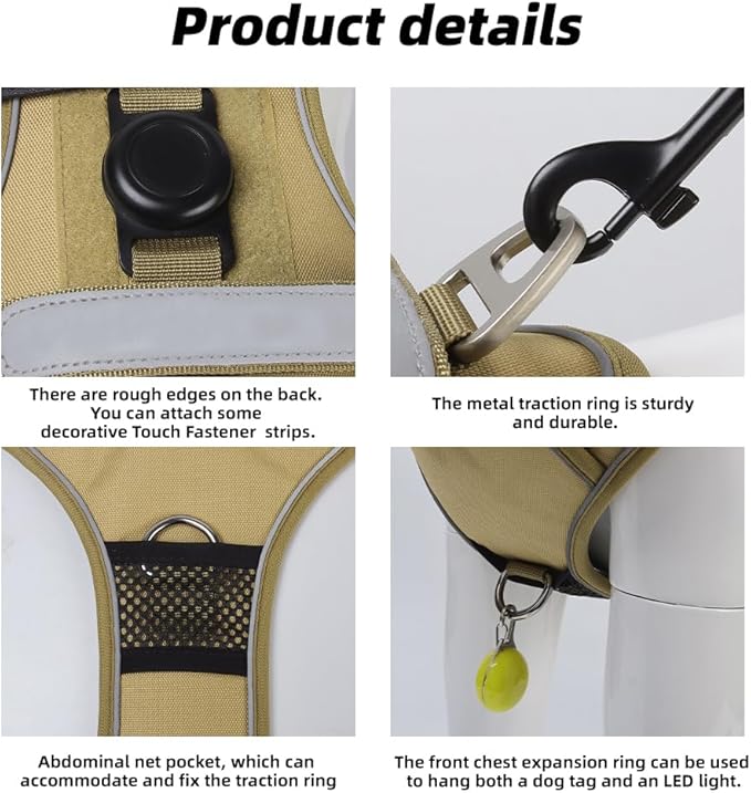Airtag Dog Harness Chest Plate Reflective No Pull Harness with Leash for Extra Large Dogs (Khaki, M)
