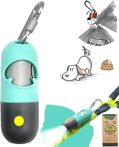 Dog Poop Bag Holder Dispenser with LED Flashlight - Night Visibility for Safe Evening Walks | Upgraded Hands-Free Leash Clip | Includes 15 Dog Waste Bags(Green)