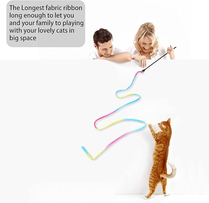 M JJYPET Cat Wand Toys Interactive Kitten Toys for Indoor Cats Colorful Teaser Wand String for Exercise Kitten Stick Kitty Rope Toy Rainbow Ribbon Cat Charmer -2Pcs