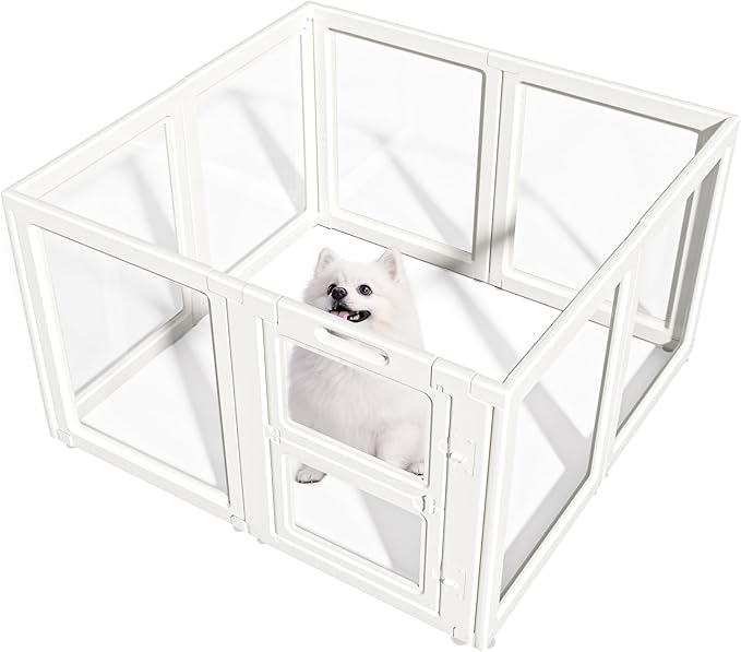 LoveTail Clear Acrylic Dog Playpen Indoor,Transparent Dog Pen,Easy to Assemble and Clear pet Pen for Puppy Dog, Rabbit and cat,Sturdy and Easy to Clean Plastic pet Fence (White, 30.3" H, 8PCS)