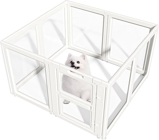 LoveTail Clear Acrylic Dog Playpen Indoor,Transparent Dog Pen,Easy to Assemble and Clear pet Pen for Puppy Dog, Rabbit and cat,Sturdy and Easy to Clean Plastic pet Fence (White, 30.3" H, 8PCS)