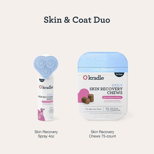 Kradle Skin Recovery Chews for Dogs - Biotin Collagen Zinc + Anti-Itch Spray - Soothes Environmental Skin Irritation - 75 Chews + 4oz Spray