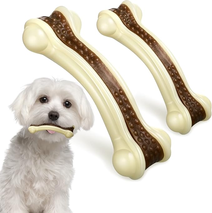 Sosation Bones Shaped Dog Toys for Aggressive Chewers, 2 Pack Christmas Dog Chew Toys Puppy Teething Nylon Beef Flavor for Large/Medium/Small Puppies Breeds(Curved Bone,Medium, Small)