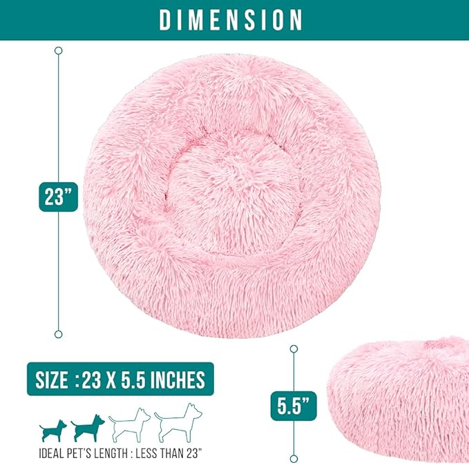 PetAmi Calming Dog Bed for Small & Medium Dogs and Cats, 23” Round Donut Dog Bed, Washable Fluffy Faux Fur Puppy & Cat Bed, Anti-Anxiety Plush Cuddler Pet Bed with Anti-Slip Bottom - Pink