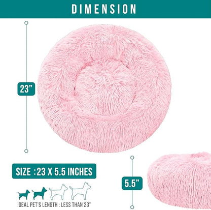 PetAmi Calming Dog Bed for Small & Medium Dogs and Cats, 23” Round Donut Dog Bed, Washable Fluffy Faux Fur Puppy & Cat Bed, Anti-Anxiety Plush Cuddler Pet Bed with Anti-Slip Bottom - Pink