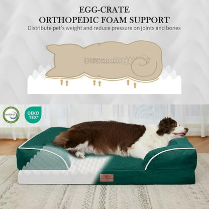 Comfort Expression Orthopedic Dog Bed for Extra Large Dogs 53x42 Inch, Waterproof Supportive Egg Crate Foam XXL Pet Bed with Removable Bolster, Dog Couch with Washable Cover & Non-Slip Bottom, Emerald