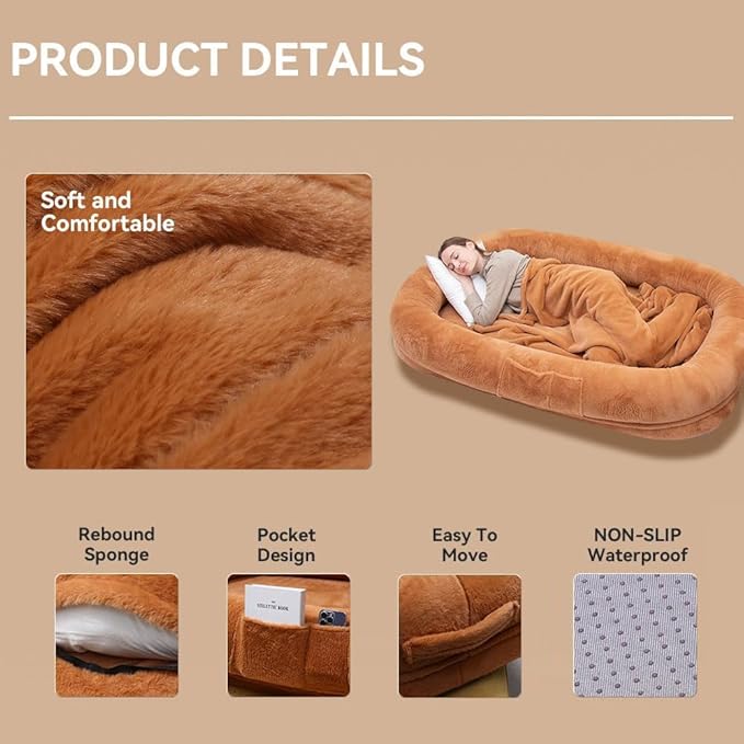 Ultra-Soft Human Size Dog Bed for People and Pets; 77”x51”x11” Extra Large Dog Bed with Raised Cushioned Rim, Removable Cover, Waterproof Lining and Bonus Blanket (77"x51"x11", Brown)