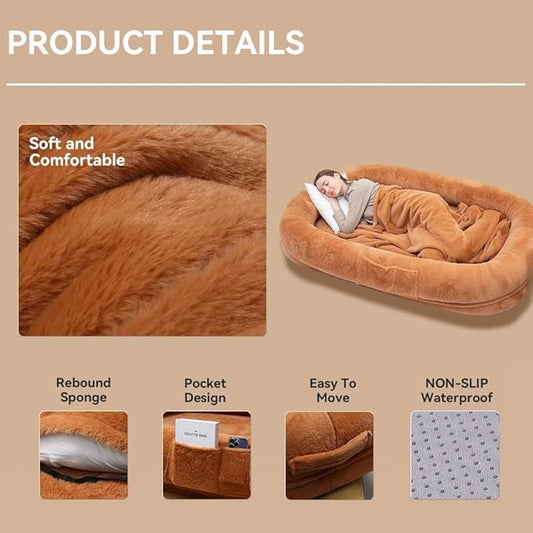 Ultra-Soft Human Size Dog Bed for People and Pets; 77”x51”x11” Extra Large Dog Bed with Raised Cushioned Rim, Removable Cover, Waterproof Lining and Bonus Blanket (77"x51"x11", Brown)