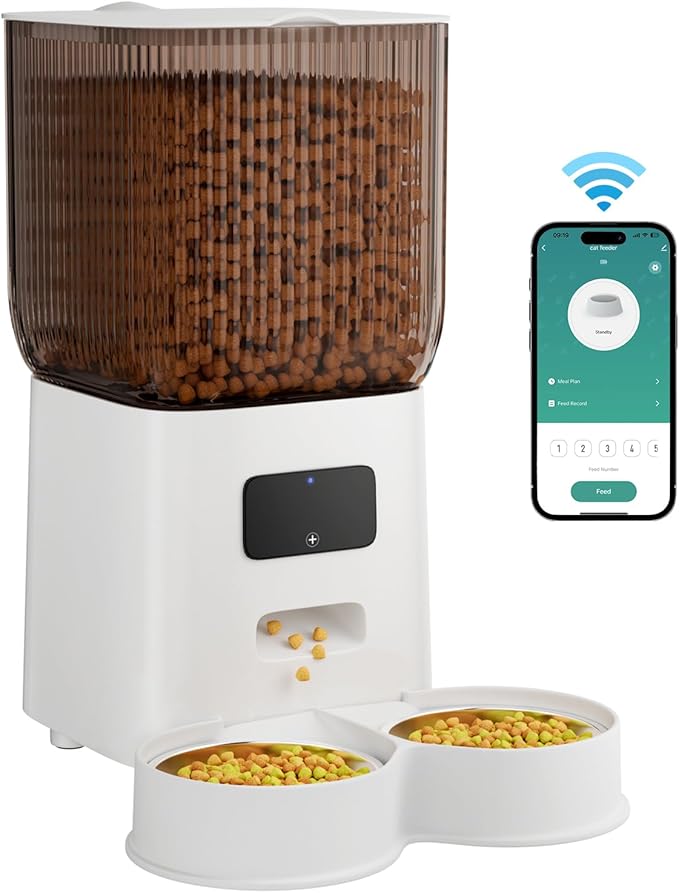 Gzenlos Cat Feeder Automatic, Automatic Cat Feeder WiFi with Remote Feeding Cat Food Dispenser for 2 Cats, 5L Pets Timed Automatic Feeders with Dual Power Supply